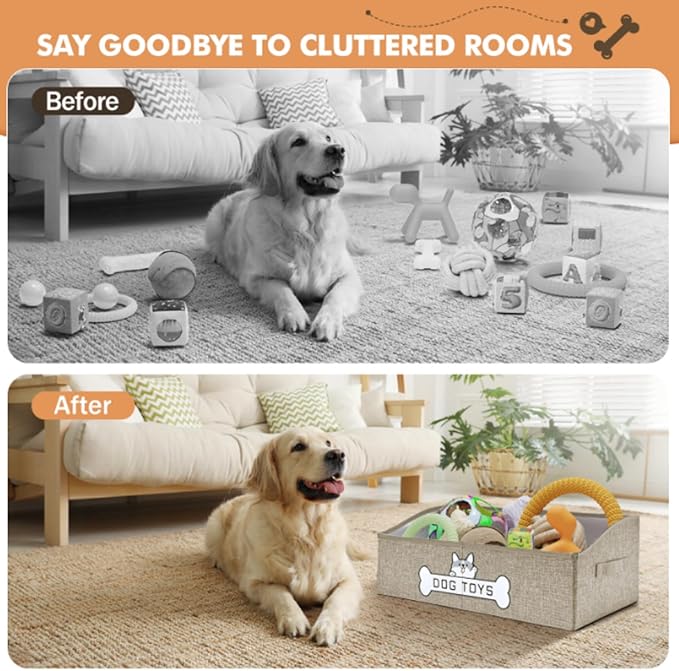 Dog Toy Basket, Collapsible Dog Toy Box with Handle, Perfect for Storing Pet Toys and Accessories (Light Khaki)