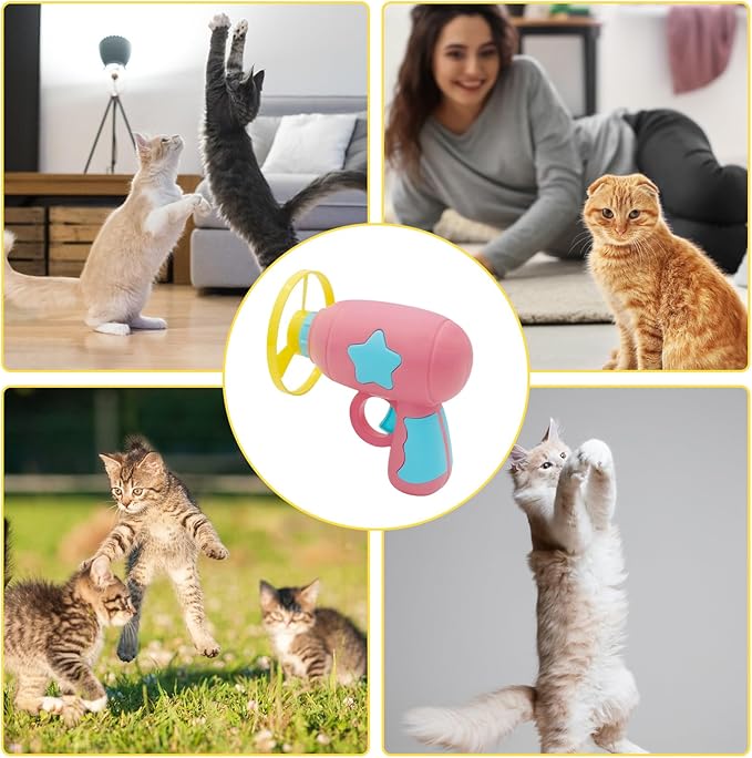 Andiker Cat Fetch Toy, Interactive Kitten Flying Disc Launcher Toy with 5 Colorful Flying Propellers for Cat Enrichment, Flying Saucer Toy for Cats for Training and Chasing (Pink)