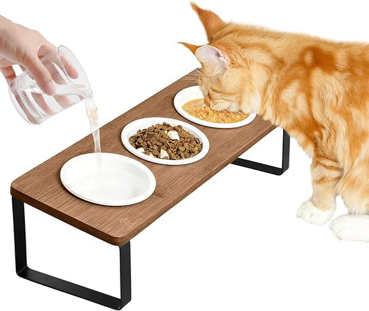 Sunhoo Raised Cat Food Water Bowl Elevated Tilted Kitty Dishes Set of 3 Ceramic Dish for Indoor Cats Orthopedic Pet Food Stand Reduces Vomiting 3 Bowl Cat Feeder Easy Assembly(Brown)