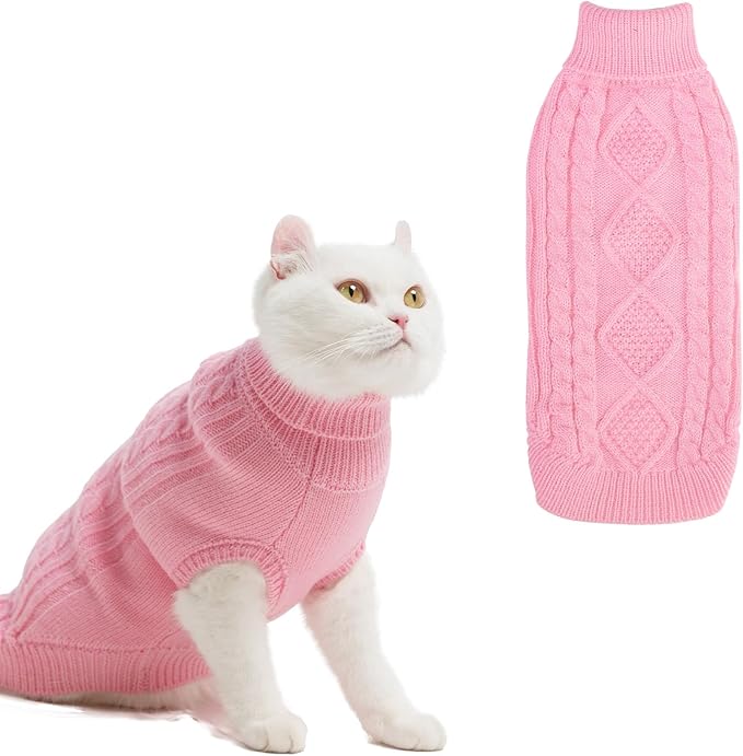 BINGPET Cat Sweater,Thermal Knitted Kitten Clothes Winter Coat,Classic Knit Turtleneck Cat Sweaters for Cats Only,Warm Pet Clothes for Kittens & Small Dogs Puppy Boy Girl Indoor Outdoor(Pink,M)