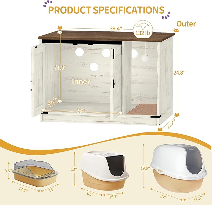 Cat Litter Box Enclosure, Hidden Litter Box Cabinet Furniture with Bell, Indoor Cats House, Farmhouse Style, 39.4 x 21.7X 24.8 Inches for Hallway, Bedroom, Rustic Brown and White CB85214X