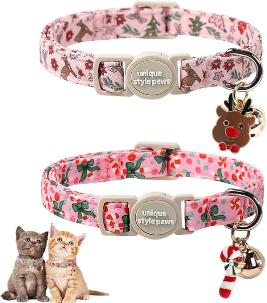 Christmas Cat Collar,Unique Style Paws Kitten Collars,Cute Pink Cats Collar with Bell,AdjustableKitten Collar Breakaway Buckle with Candy Cane,Reindeer Pattern,Ideal Gift for Boy Girl Cats