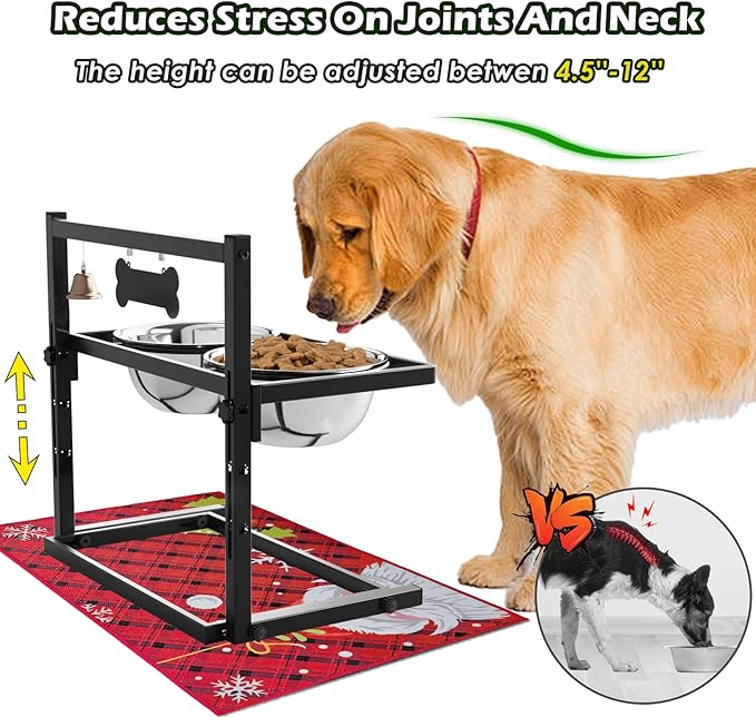 SHAINFUN Christmas Elevated Slow Feeder Dog Bowls with Mat for Large Dogs, Adjustable Height, Tall Raised Dog Food Water Bowl Stand Gift for Dogs