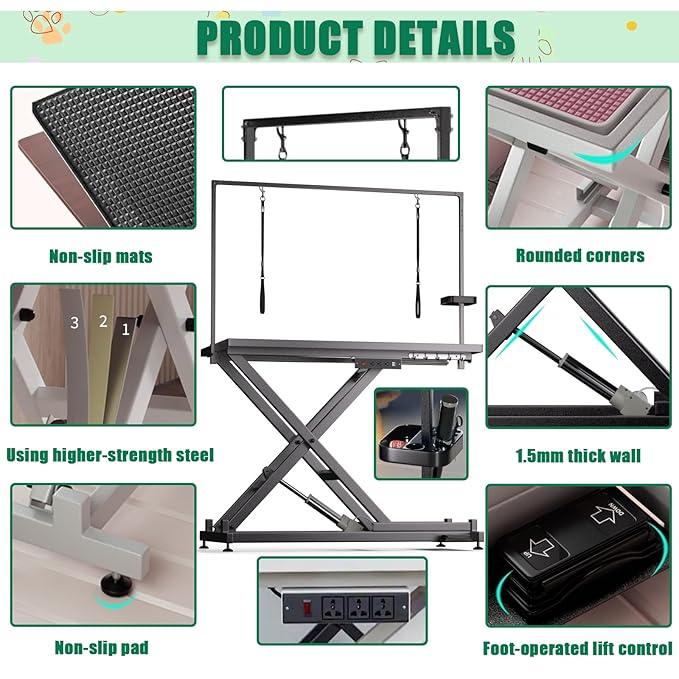 52in Electric Dog Grooming Table, Heavy Duty Adjustable Lift Grooming Table for Large Dogs, Capacity 660IB, with Tool Organizer, Foot Control, Anti Slip Tabletop (Black, 51.2 * 24.2INCH)