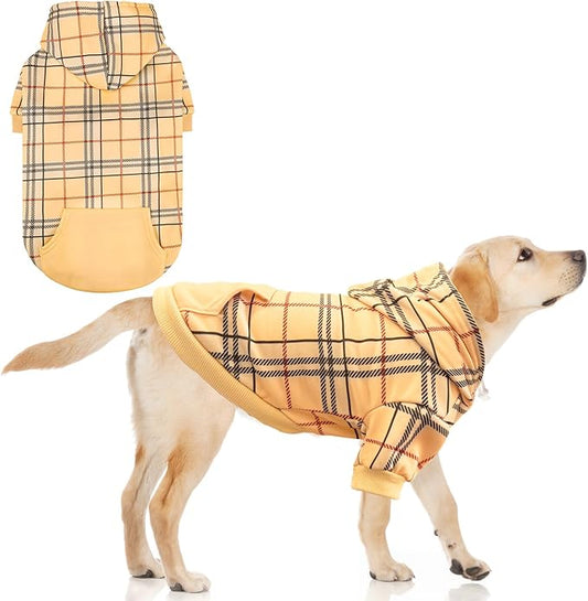 KOOLTAIL Plaid Dog Hoodie for Small Medium Large Dogs,Pet Clothes Sweater with Hat and Pocket for Cold Weather Winter, Soft&Warm Doggy Hooded Sweatshirt Coat Outfit for Puppy Cats Girls Boys Beige L