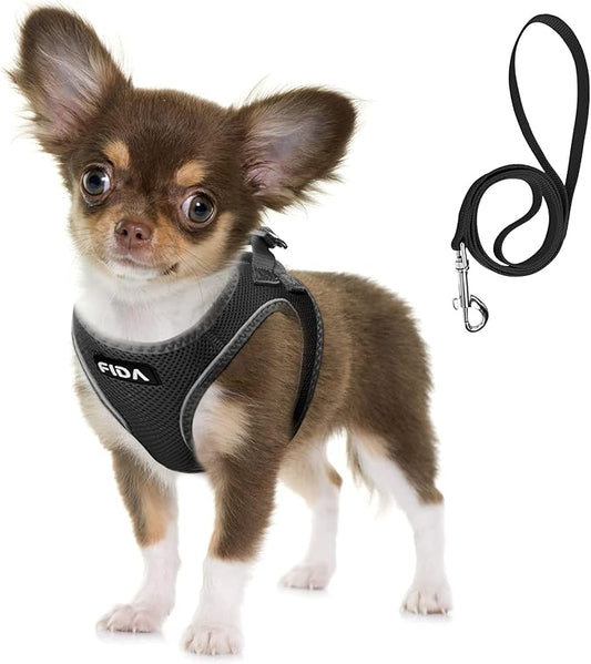 Fida Comfy Dog Harness with Leash, Soft Puppy Vest Escape Proof, Breathable Lightweight Soft Mesh, Adjustable Reflective Step-in Harness for Cat & Extra-Small Pet (XS, Black)