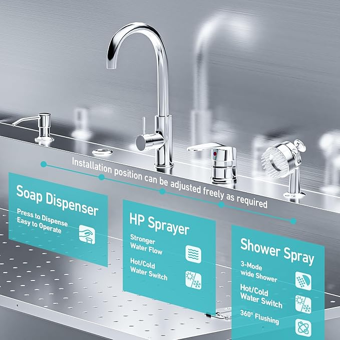 Professional 56" Dog Washing Station, 304 Stainless Steel Dog Bathing Station, Height Adjustable Dog Grooming Tub w/Ramp, Storage Drawer, Dog Bathtub for Large, Medium&Small Dogs (Left Ramp)