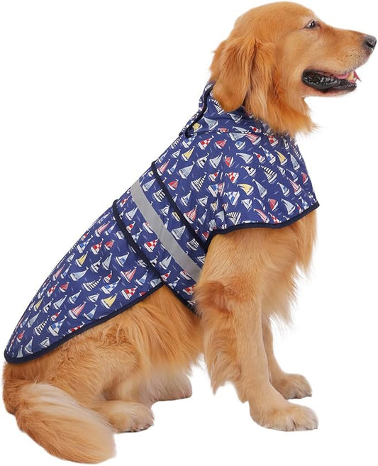 HDE Dog Raincoat Jacket Reflective Adjustable Hooded Pet Poncho Rain Coat with Leash Hole for Small to X-Large Dogs Nautical Boats - XL