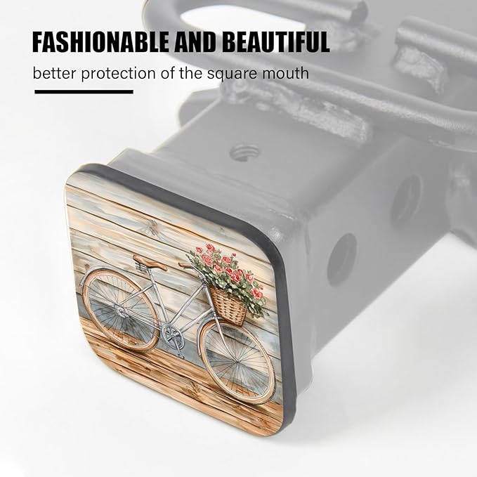 Hitch Cover Fits For 2-Inch Hitch,Bicycle With Flower - Filled Basket Against A Wooden Wall In Watercolor Rubber Trailer Hitch Cover Tube Plug Insert,Car Exterior Accessories, Receiver Tube Hitch Plug