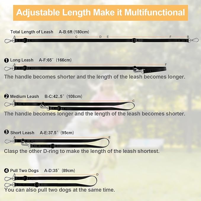 Wisedog Waterproof Dog Leash – 5ft/6ft Adjustable with 2 Hooks & Traffic Handle, Easy to Clean Double Clip Leash for Small, Medium, Large Dogs (Black M)