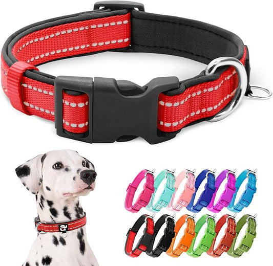azuza Reflective Dog Collar, Soft Neoprene Padded Pet Collar with ID Tag Ring, Adjustable for Large Dogs,Red,L