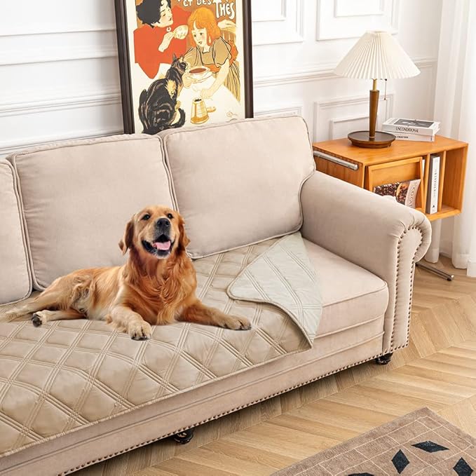 fuguitex Waterproof Dog Blanket, Pet Friendly Reversible Throw Essential for Small Dogs, Tear Resistant Leakproof Washable Couch Cushion Bed Protector Cover for Indoor Furniture（30"*53",Beige+Cream