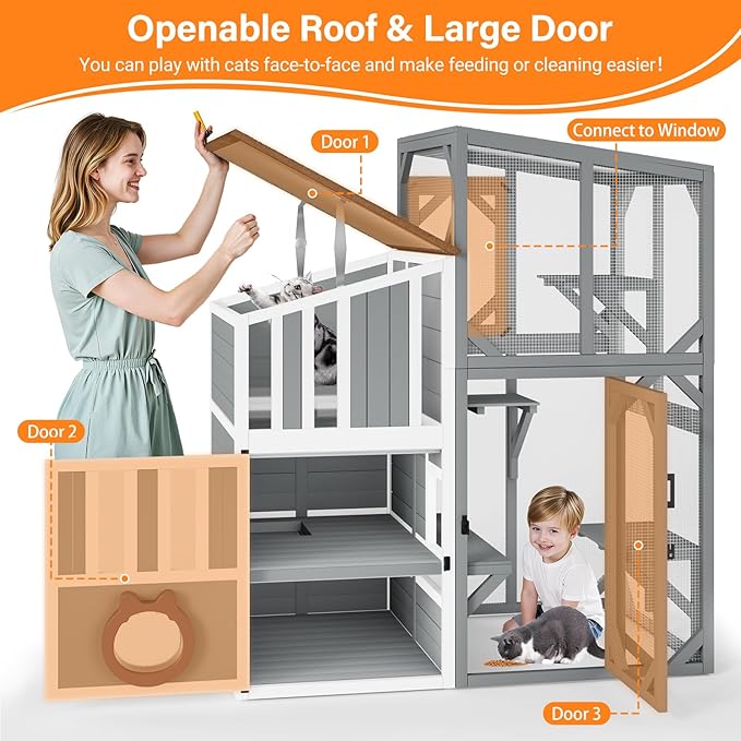 3 Tiers Catio 69" H Large Cat Enclosures House for Outdoor Indoor Feral Cats Shelter with Window Access, Adjustable Two-Way Access Hole, Weatherproof Roof, 3 Resting Rooms, 3 Platforms