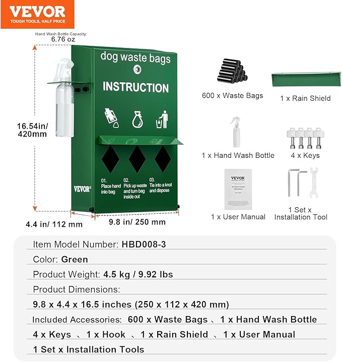 VEVOR Dog Poop Bag Dispenser with Hand Wash Bottle, Lockable Outdoor Dog Waste Bag Holder with 600 Waste Bags, Stake, Pole, Fence & Wall Mounted Dog Poop Bag Storage, Pet Waste Station for Porch, Lawn