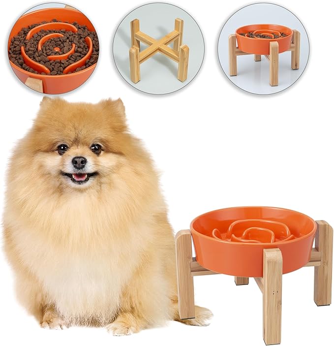 Elevated Slow Feeder Dog Bowl - Ceramic Maze Food Dish with Bamboo Stand - Raised Feeding Bowl for Fast Eaters - Ideal for Small and Medium Dogs - Orange - 6.7 inch