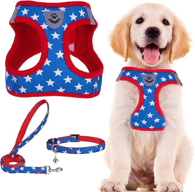 PUPTECK Adjustable Dog Harness Collar and Leash Set Step in No Pull Pet Harness for Small Medium Dogs Puppy and Cats Outdoor Walking Running, Soft Mesh Padded Reflective Vest Independence Harnesses