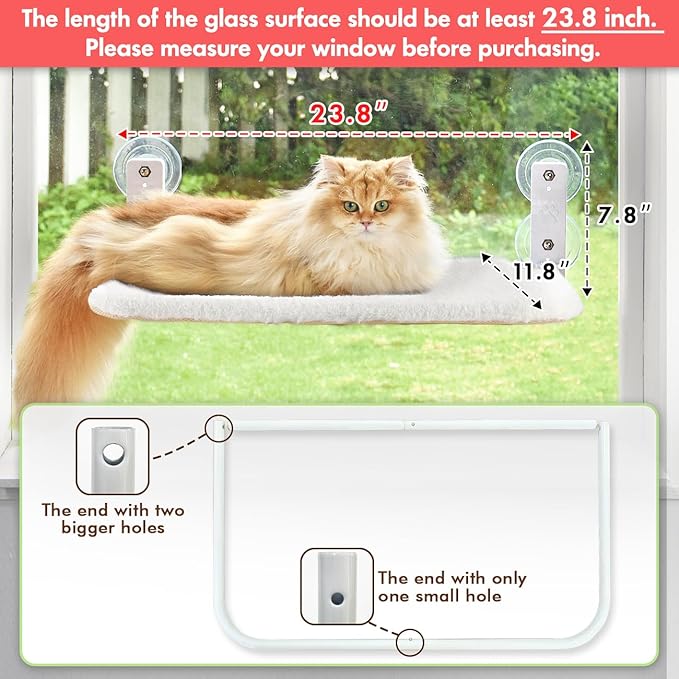 AMOSIJOY Cordless Cat Window Perch, Cat Hammock for Wall with 4 Strong Suction Cups, Solid Metal Frame and Reversible Cover, Foldable Cat Beds for Indoor Cats (Medium-White)