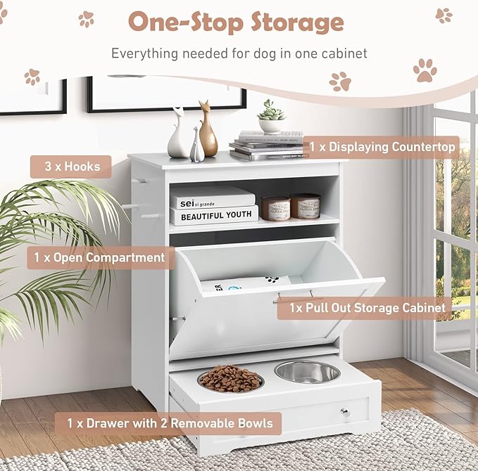 Pet Feeding Station Large Dog Feeding Station with Storage Dog Food Storage Cabinet with 2 Elevated Dog Bowls, Dog Food Storage Container, Pet Toy Storage Organizer, White PV10010WH
