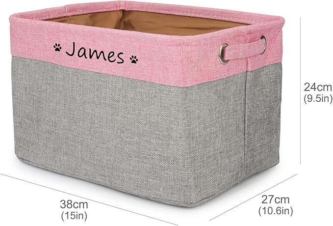 Personalized Dog Toy Bin , Foldable Dog Toy Basket Storage with Handles , Customized Name and Paw Print Pet Toy Box for Organizing Food Clothes Blanket and Pets Accessories(Blue Gray)