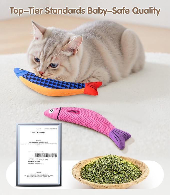 Cat Toys with[5000mg A+Natural Catnip &Silvervine] [Baby Grade] Interactive Soft Chew Kicker Cat Toys for Indoor Cats & Kittens, [Crinkle &Bell] Fish Sound Toy, Drives Bored Cat Crazy with Fun
