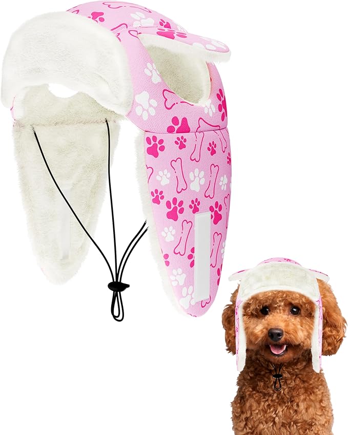 PET SHOW Dog Trapper Hat Winter Hat for Small Dogs Warm Fleece Aviator Hats with Ear Flaps Adjustable Outdoor Girl Puppy Pet Pilot Costume Cap S-Pink Paw/with Ear Holes