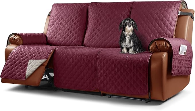 Ruaozz Waterproof Recliner Sofa Cover 1-Piece Couch Covers for Reclining Couches Reclining Sofa Cover Washable Furniture Protector with Elastic Straps Pocket for Kids, Pets (Wine, 3 Seater)
