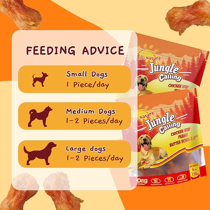 Jungle Calling Rawhide Free Dog Chew Treats, Real Chicken Wrapped Peanut Butter Bones, Teeth Clean Chewy Training Snacks, 6 oz