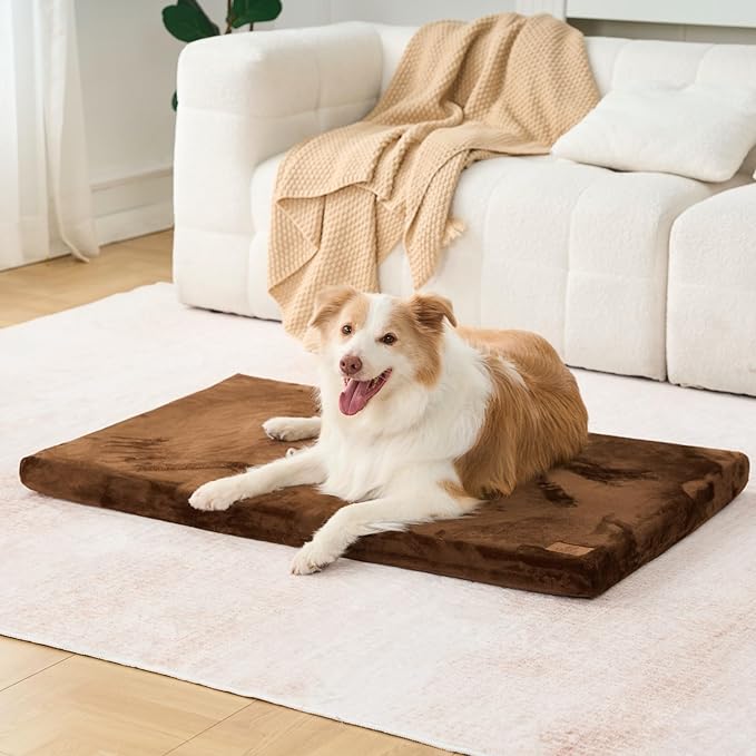 Dog Crate Pad - Dog Bed Large Sized Dogs with Removable Washable Cover and Waterproof Lining - XL Memory Foam Pet Bed for Crate - Reversible Kennel Mat (Cool & Warm), 42-inch, Brown