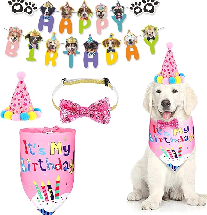 Dog Boy Birthday Party Outfits,Birthday Hat, Bow Tie, Bandana, Happy Birthday Banner,Puppy Pet Theme Decorations Suit for Girl Golden Doodle Teddy Husky Labrador (4PCS Pink)