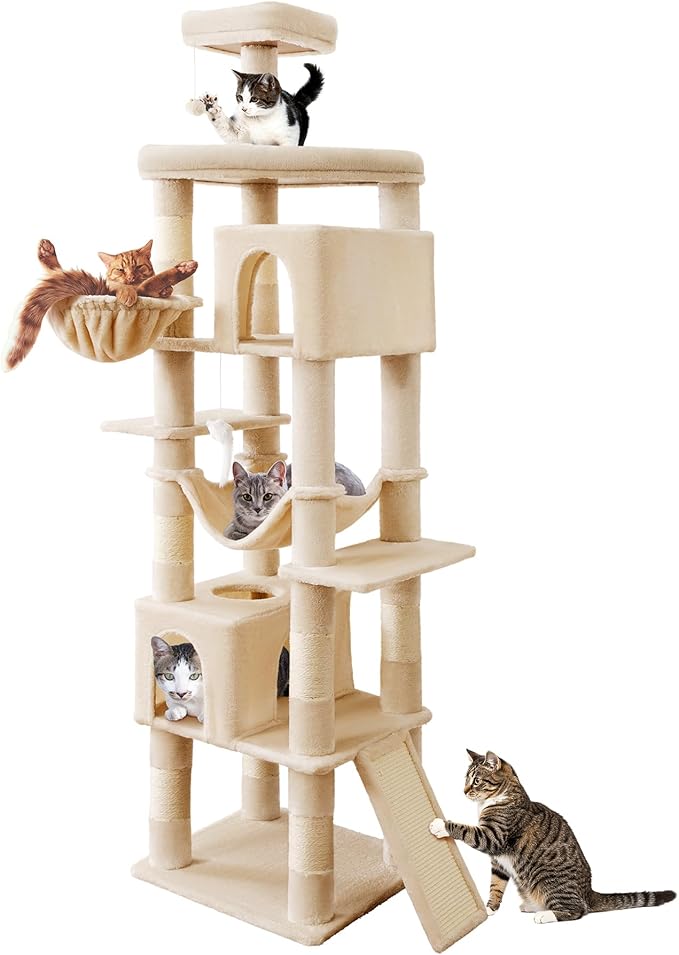 AMHANCIBLE Heavy Duty Cat Tree for Indoor Cats Large Adult 20 lbs+, 83 Inch Multi-Level Tall Cat Tower with Scratching Post and Board, Hammock, Condos, Hanging Basket, Beige, PT21BG