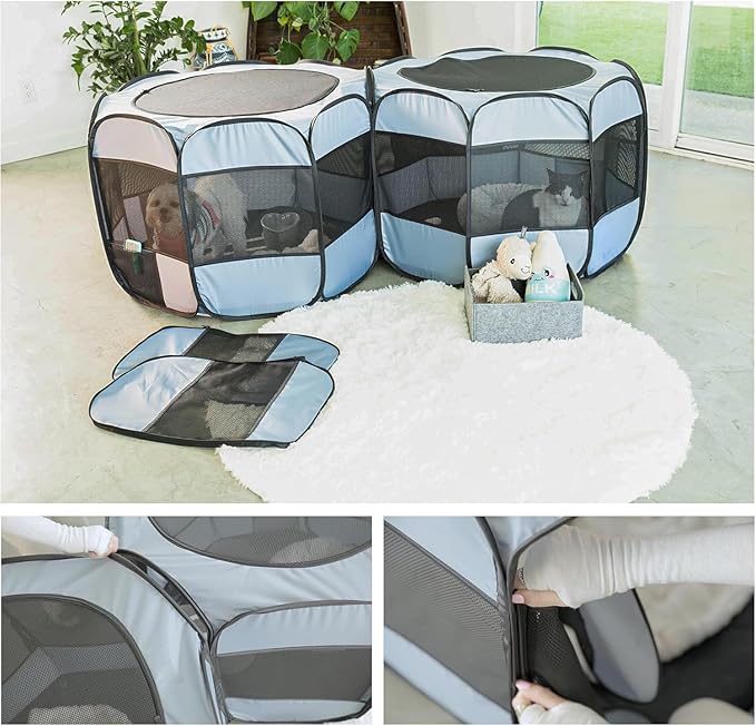 2-in-1 XLarge Cat Playpen, Detachable into 2 Separate Playpens with Additional 2 Doors, Portable Dog Playpen Cat Tent Enclosure for Kitten and Puppy Indoor Outdoor Use(L)