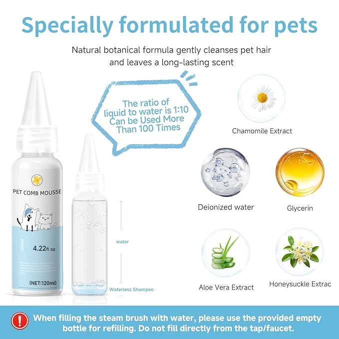 Pet Steam Brush for Dog & Cat - 3-in-1 Steam Grooming Slicker Brush & Undercoat Rake for Shedding - Self Cleaning Spray Comb with Mist for Long & Short Haired Pets - Includes Waterless Shampoo, Blue