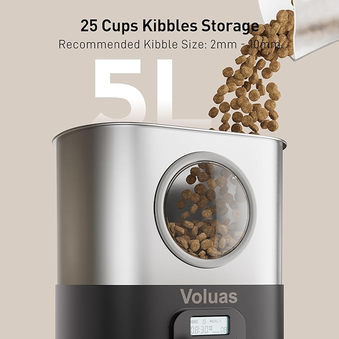 VOLUAS Automatic Cat Feeders for Two Cats,Stainless Steel 5L Pet Feeder for Cats and Dogs Timed Cat Feeder Pet Dry Food Dispenser, Silver Black