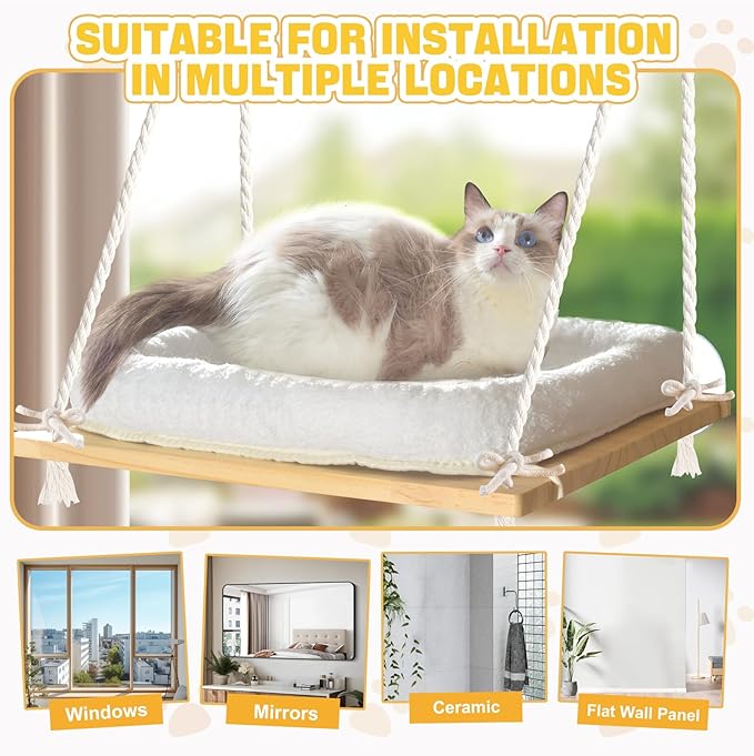 Cat Window Perch Cat Hammock Kitten Window Seat with Cushion Bed Cover Solid Wood Seat with Strong Suction Cups Hanging Kitten Bed for Small Medium Indoor