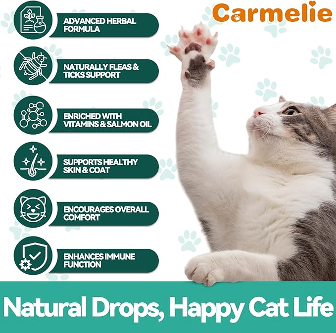 Flea and Tick Support for Cats, Natural Cat Flea Liquid Drops, Flea & Tick Supplement with Vitamins & Fish Oil for Cats - All Breeds, Kittens to Senior Cat - Chicken Flavor