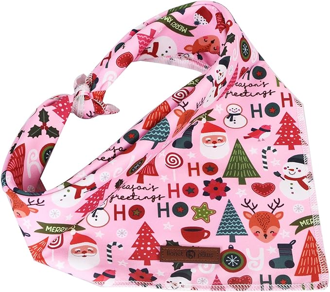 Lionet Paws Christmas Dog Bandana Washable Cotton Handkerchief Scarf Triangle Ho Christmas Tree Pink Bandanas for Medium Large Dogs Girl
