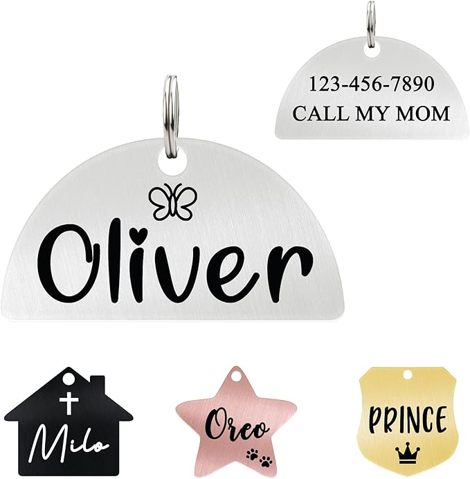 Ultra Joys Personalized Cat Collar Name Tag Small Pet ID Tags for Cats - Customized Mini Cute Dog Cat ID Tag - Bothside Engravable Lightweight Durable Stainless Steel - Semi Circle Tag in Silver