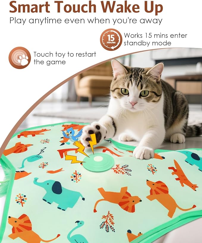 Interactive Cat Toy, Automatic Kitten Cat Toys for Indoor Bored Adult Cats, Rechargeable Cat Toys with Motion Activated, Real Mouse Squeaky, Moving Concealed Feathers, Hide & Seek