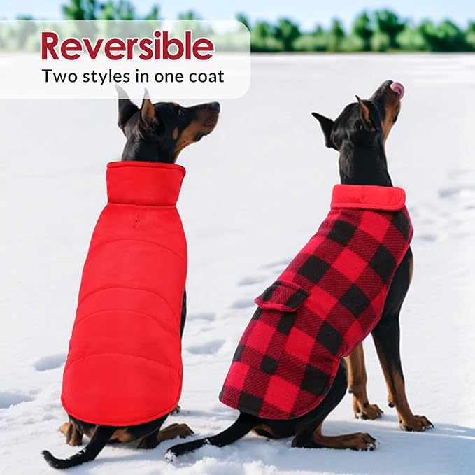 ASENKU Dog Winter Coat, Fleece Doggie Jacket Plaid Reversible Vest Waterproof Windproof Cold Weather Clothes for Small Medium Large Dogs(Red S)