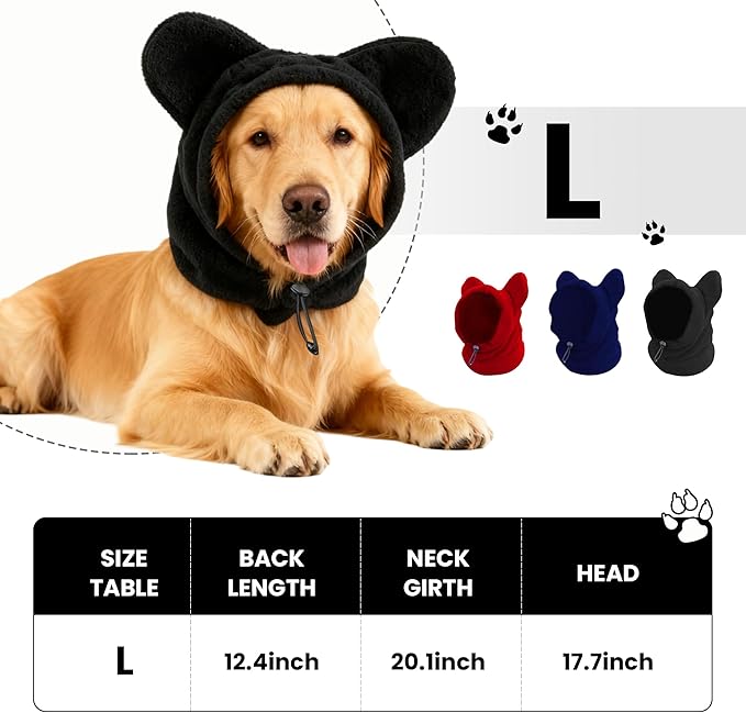 Warm Hooded Hat for Dogs & Cats, Autumn/Winter Wool Pet Headwear with Cute Ears, Adjustable Pet Scarf for Cold Days, Soft Neck Warmer for Small/Medium/Large Pets(Black, Large)