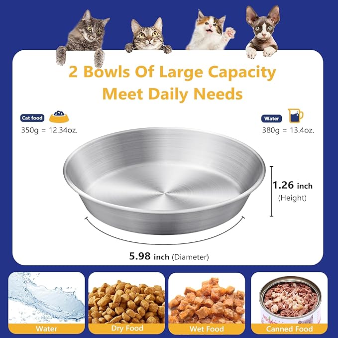 2-Pack Stainless Steel Cat Food Bowls – Deep Whisker-Friendly Non-Slip Silicone Base,Easy to Clean Indoor Feeding Dishes(5.9")