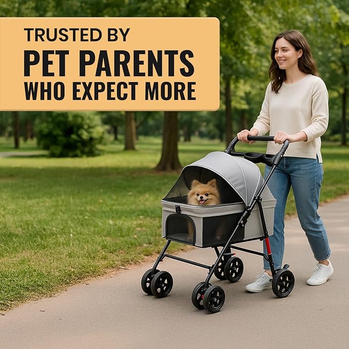 4 Wheel Foldable Pet Stroller - Lightweight Dogs and Cats Stroller Upto 44lbs with Mesh Canopy, Storage Basket and Cup Holder, Durable for Walks and Outings (Small)