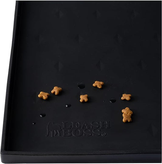 Leash Boss Dog Food Mat - Waterproof Cat & Dog Bowl Mat for Food and Water, Silicone Pet Feeding Mats for Floors, Non-Slip Placemat with High Edges, Puppy Essentials (ML: 20"x13", Black)