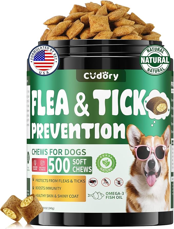 Flea and Tick Prevention for Dogs Chews- 500 Crunchy & Creamy Chews, Dogs Flea Chewables with Skin & Coat Support - Oral Supplement for All Breeds & Ages - Chicken & Cheese Flavor