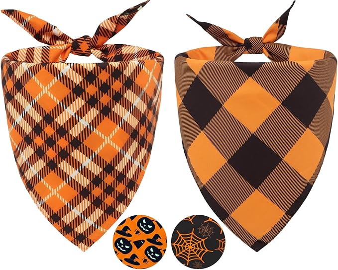 2PCS Thanksgiving Dog Bandanas,Fall Dog Bandanas,One Side Orange Plaid,The Other Side Pumpkin or Spider Web Bibs,Holiday Pet Scarf for Boy and Girl Dogs,Halloween Pet Outfit for Medium to Large Dogs