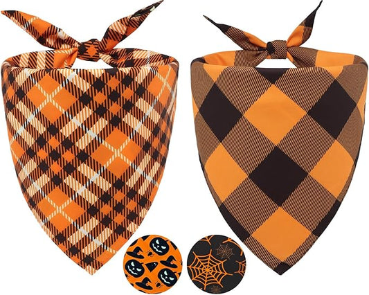 2PCS Thanksgiving Dog Bandanas,Fall Dog Bandanas,One Side Orange Plaid,The Other Side Pumpkin or Spider Web Bibs,Holiday Pet Scarf for Boy and Girl Dogs,Halloween Pet Outfit for Medium to Large Dogs