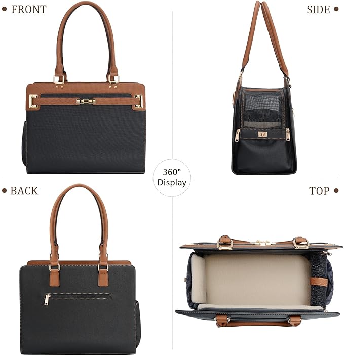 2-in-1 Stylish Dog Purse Carrier Soft-Sided Carriers Travel Tote Bag for Small Dogs Cats, Fashion Foldable Pet Bag for Puppies Small Animals with Pockets (Black+Brown, 15" L x 7.5" W x 12.2" H)