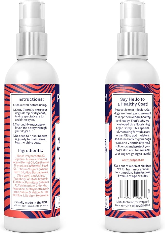 Petpost | Waterless Argan Oil Dog Shampoo Spray. Rinse-Free Cleaner & Deodorizer with Aloe & Safflower Oil. Moisturizes Skin & Softens Coat. 8 oz