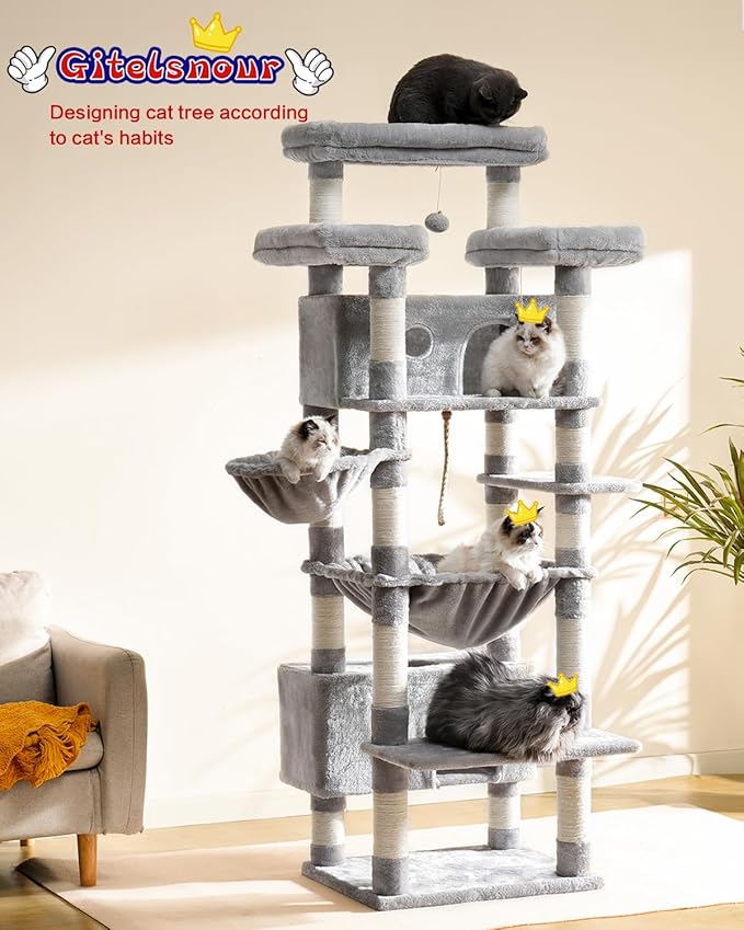 Cat Tree for Indoor Cats Large Adult, 74" Cat Tower with 3 Big Platforms, 2 Baskets, 2 Condos, Multi-Level Cat Scratching Posts, Light Gray GCT030W