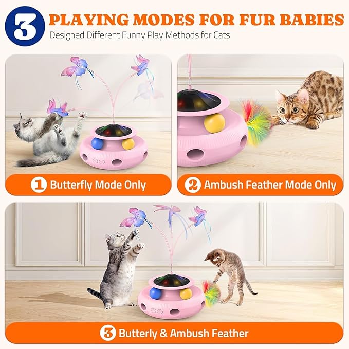 Interactive Cat Toy, 3 in 1 Automatic Cat Toy for Indoor Cats, Electric Kitten Toy with Rechargeable Battery, Self Play Kitty Toys with Rotating Fluttering Butterfly,Track Ball and Ambush Feather,Pink